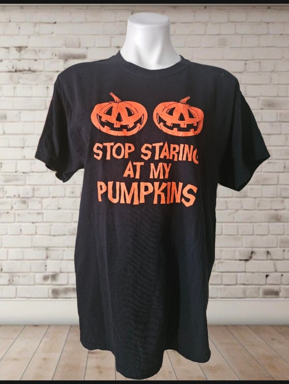 Feelin Good Tees "Stop staring at my pumpkins".  Halloween black T Shirt Large